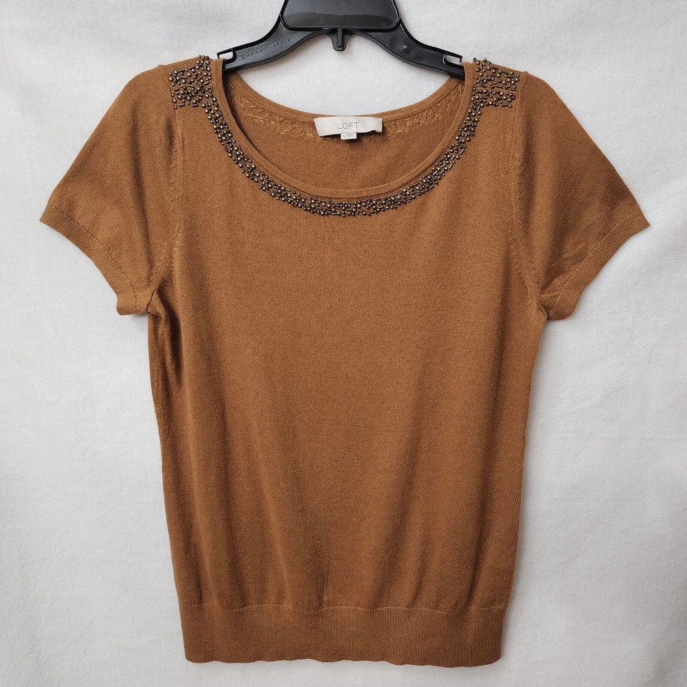 Ann Taylor Loft Womens Large short sleeve blouse with studs Brown Cotton Blend